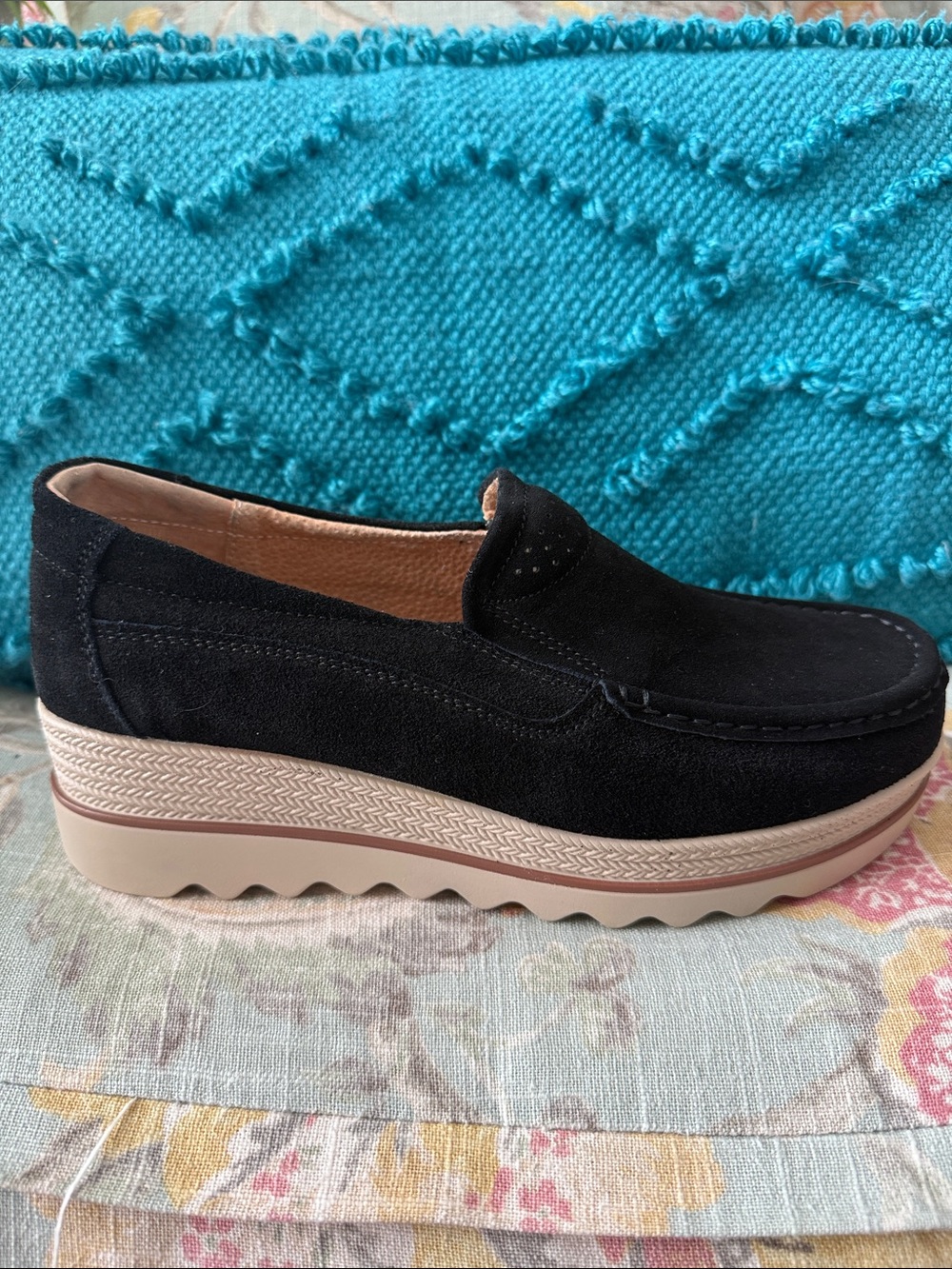 Womens Black Suede Platform Loafers - Comfortable Slip-On NIB Size 10